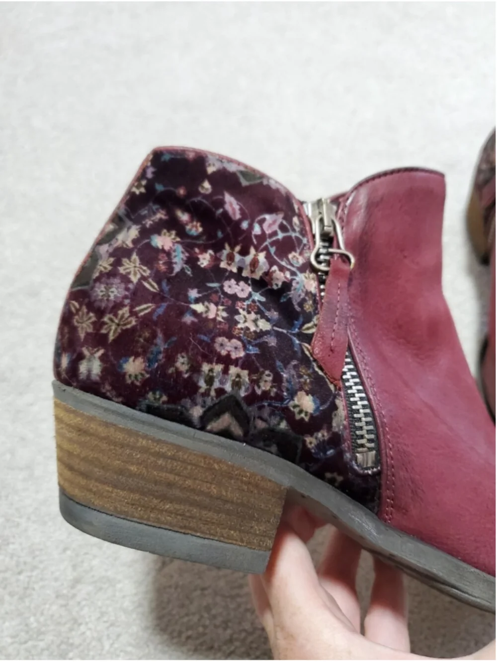 MIZ MOOZ Bangkok Leather & Floral Velvet Ankle Boots Red 39EU 8.5US Burnished